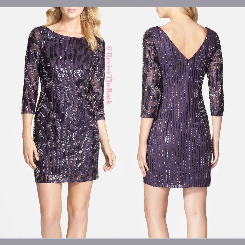 NEW Adrianna‎ Papell Embellished 3/4 Sleeve Sheath Dress in Prune [SZ 2 ]